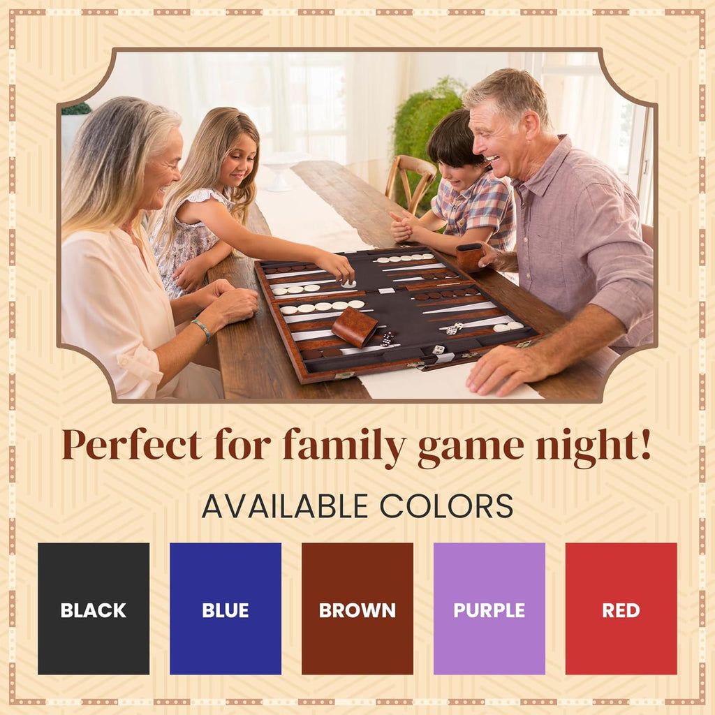 Premium Backgammon 15 Inches Medium Brown - Backgammon Sets for Adults and Kids - Leatherette Back Gammon Board Game Set - Travel Backgammon Set Board Encased with Accessories