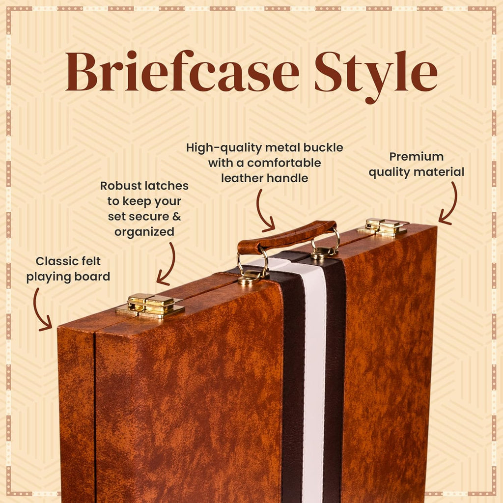 Premium Backgammon 15 Inches Medium Brown - Backgammon Sets for Adults and Kids - Leatherette Back Gammon Board Game Set - Travel Backgammon Set Board Encased with Accessories