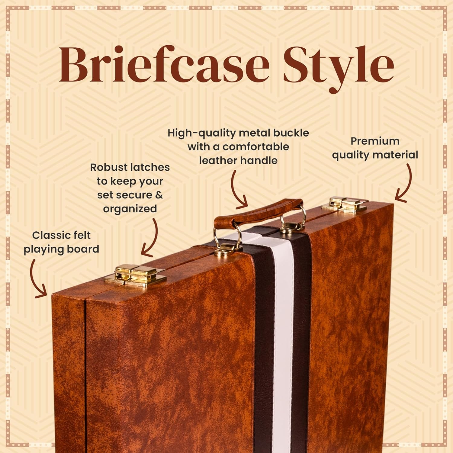 Premium Backgammon 15 Inches Medium Brown - Backgammon Sets for Adults and Kids - Leatherette Back Gammon Board Game Set - Travel Backgammon Set Board Encased with Accessories