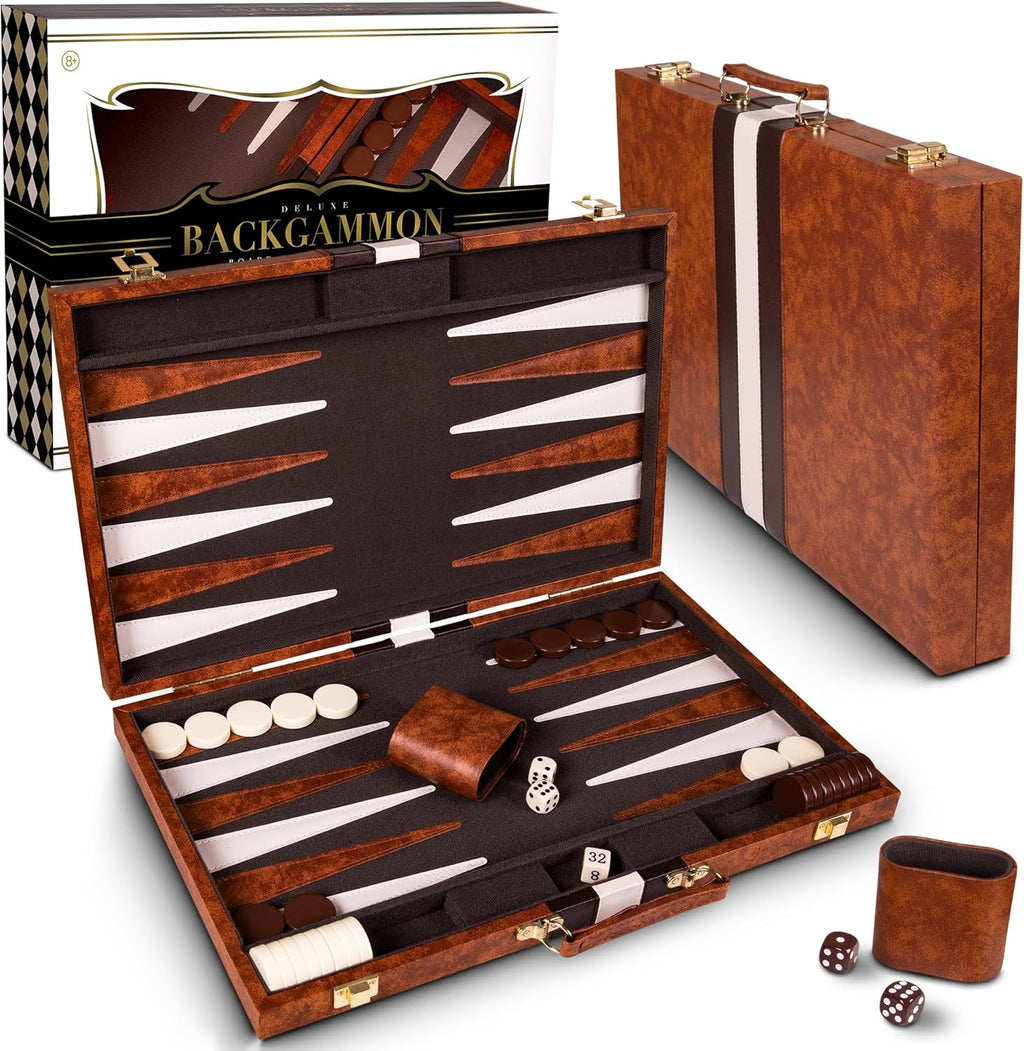 Premium Backgammon 15 Inches Medium Brown - Backgammon Sets for Adults and Kids - Leatherette Back Gammon Board Game Set - Travel Backgammon Set Board Encased with Accessories