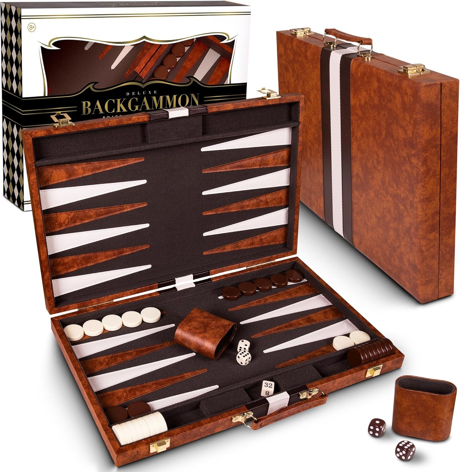 Premium Backgammon 15 Inches Medium Brown - Backgammon Sets for Adults and Kids - Leatherette Back Gammon Board Game Set - Travel Backgammon Set Board Encased with Accessories