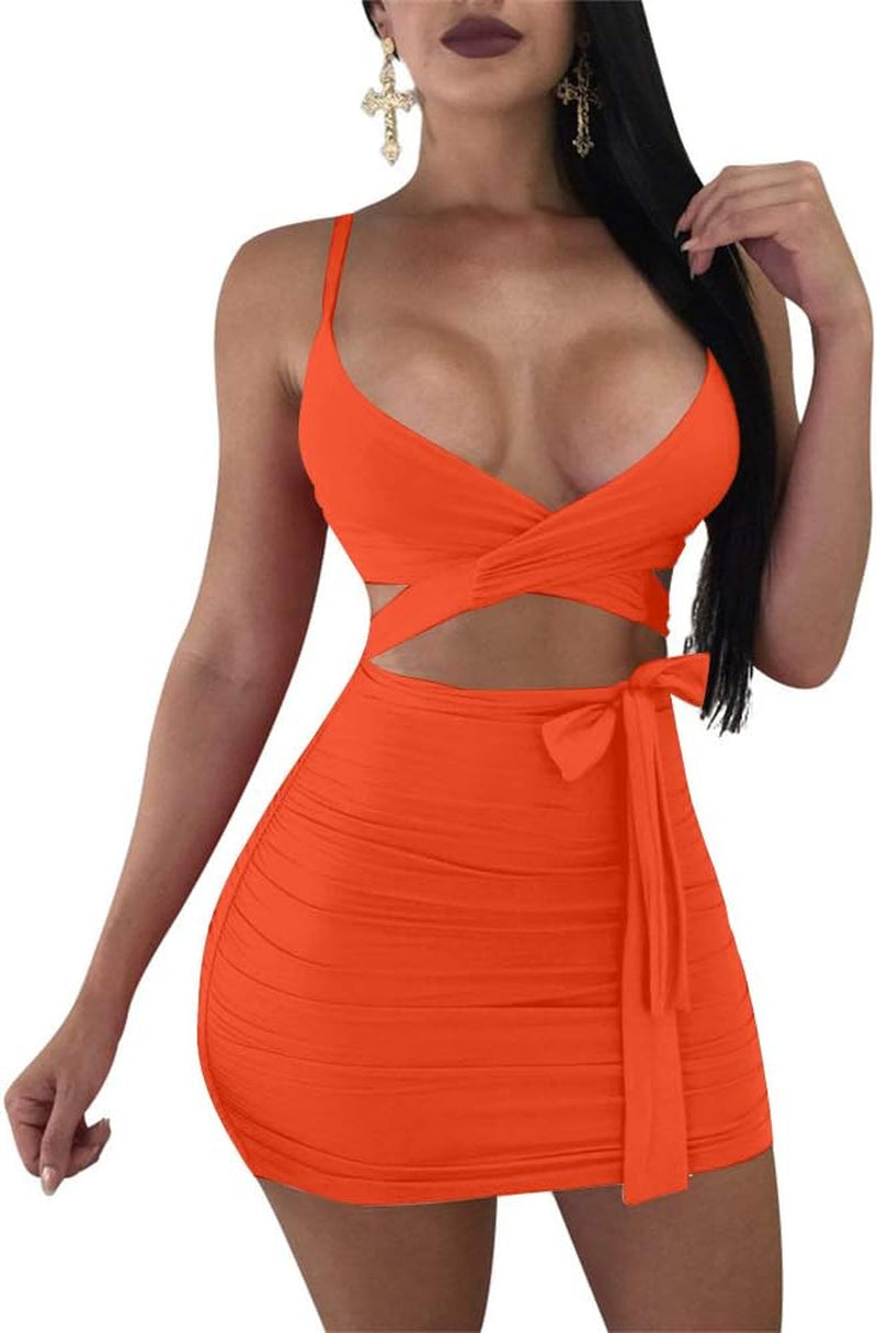 Women'S Sexy Bodycon Spaghetti Strap Ruched Lace up Mini Club Dress