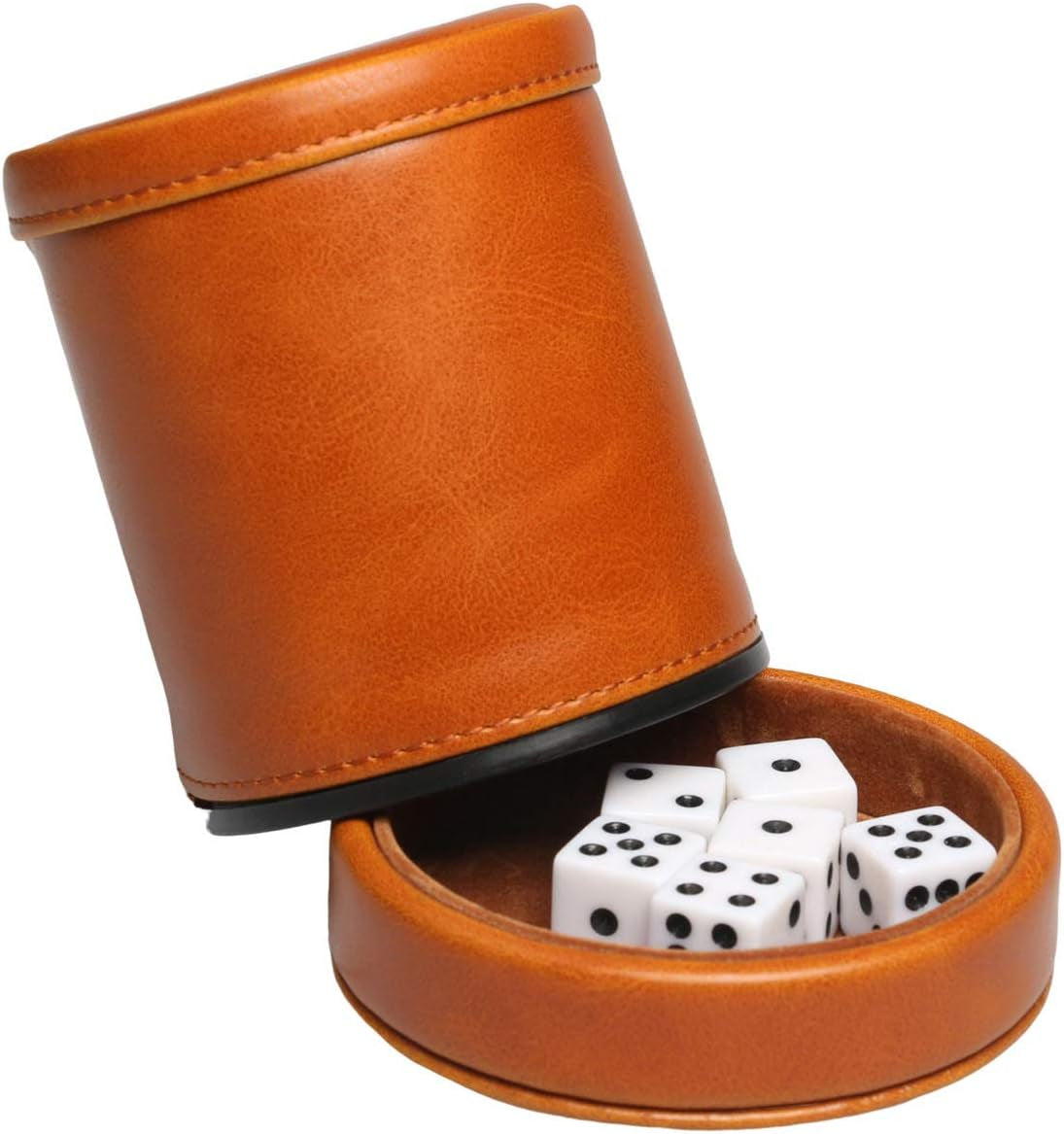 Leatherette Dice Cup with Lid Includes 6 Dices, Velvet Interior Quiet in Shaking for Liars Dice Farkle Yahtzee Board Games, Brown