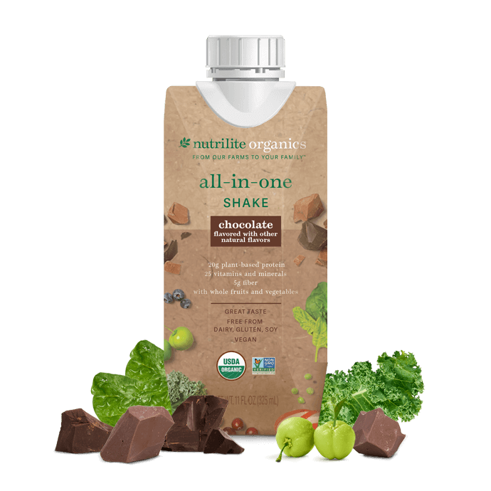 Nutrilite™ Organics All-in-One Shakes – Chocolate. Item # 318668 - Twelve 325 mL/11 fl. oz. Shakes