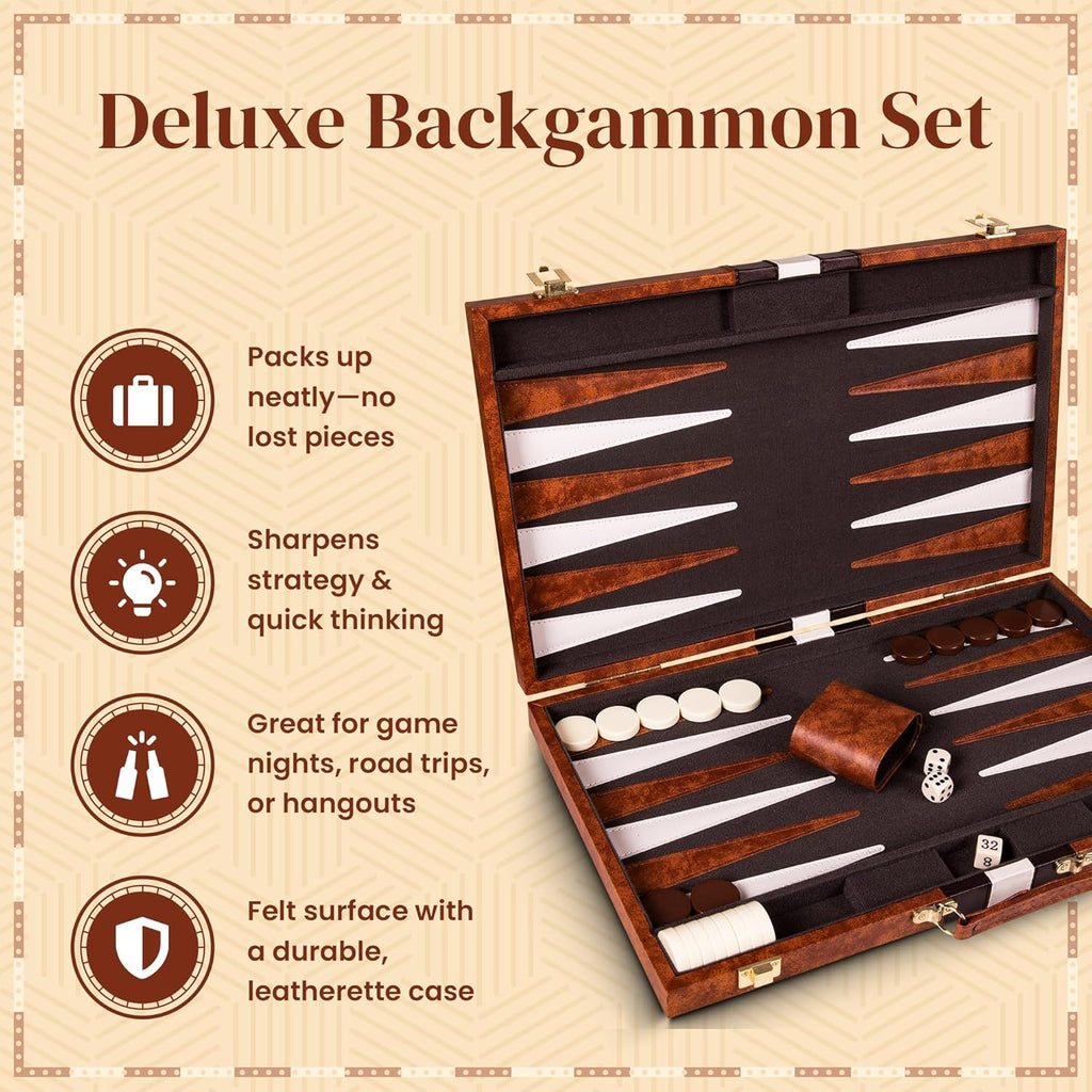 Premium Backgammon 15 Inches Medium Brown - Backgammon Sets for Adults and Kids - Leatherette Back Gammon Board Game Set - Travel Backgammon Set Board Encased with Accessories