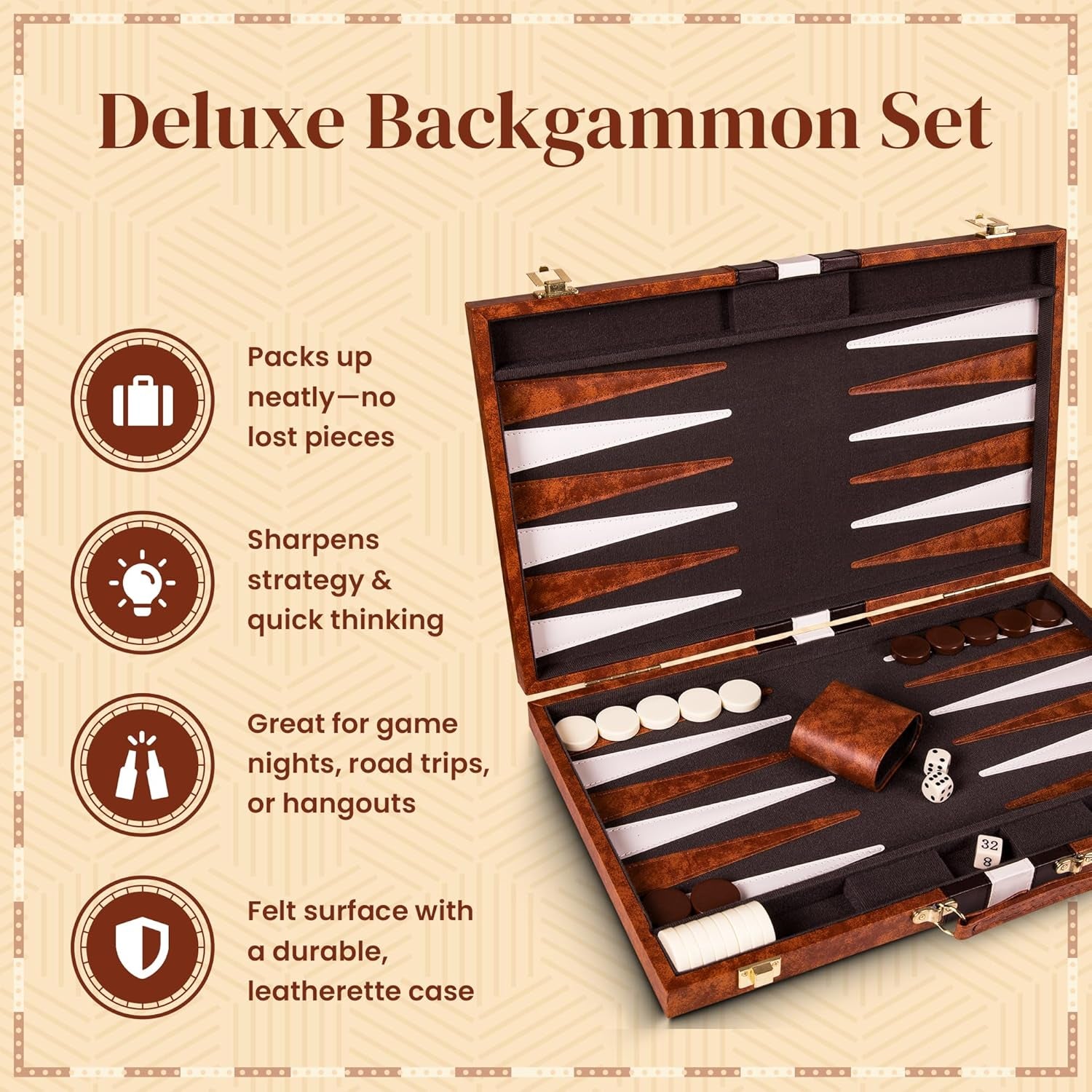 Premium Backgammon 15 Inches Medium Brown - Backgammon Sets for Adults and Kids - Leatherette Back Gammon Board Game Set - Travel Backgammon Set Board Encased with Accessories