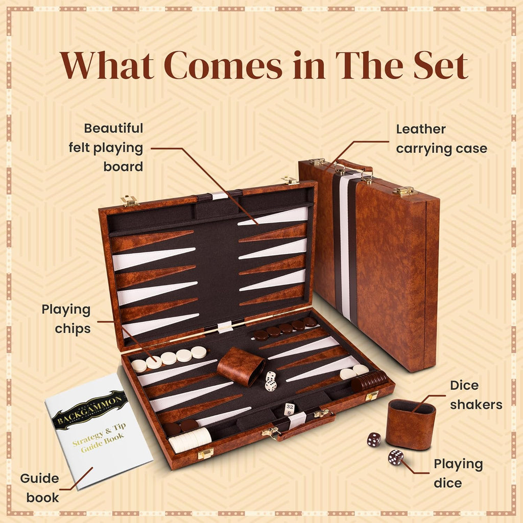 Premium Backgammon 15 Inches Medium Brown - Backgammon Sets for Adults and Kids - Leatherette Back Gammon Board Game Set - Travel Backgammon Set Board Encased with Accessories