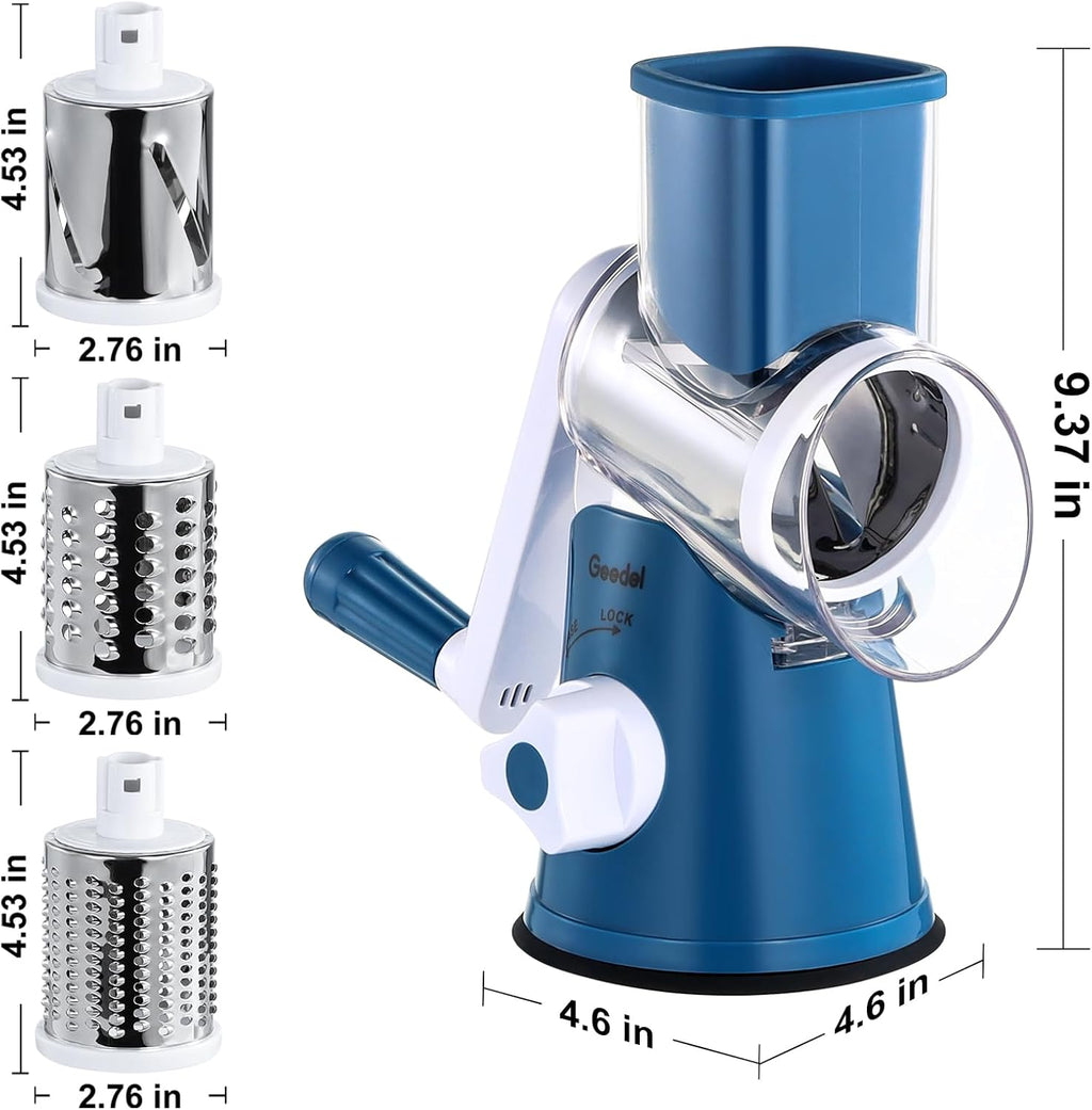 Rotary Cheese Grater, Kitchen Mandoline Vegetable Slicer with 3 Interchangeable Blades, Easy to Clean Rotary Grater Slicer for Fruit, Vegetables, Nuts