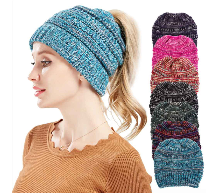 Mixed Color Knitted Wool Hat Ladies Non-Labeled Ponytail Hat
