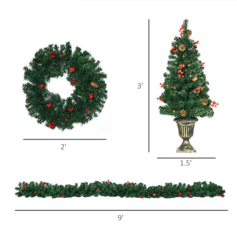 HOMCOM Prelit Holiday Christmas 4-Piece Set, Garland Wreath and Set of 2 Entrance Trees with Warm White LED Lights, Red Berries, Pine Cones, Green
