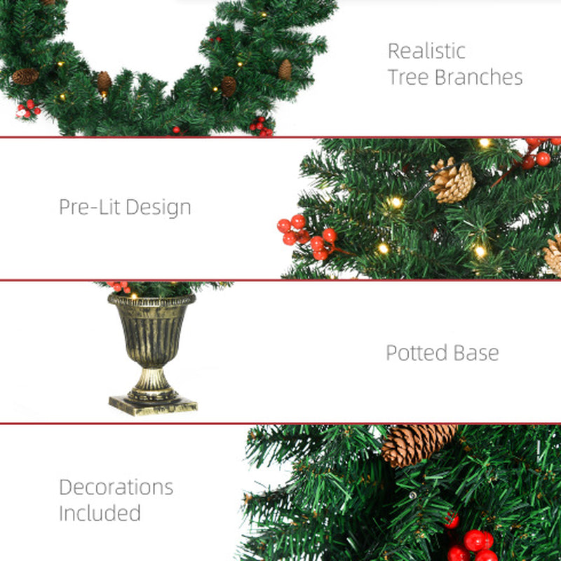 HOMCOM Prelit Holiday Christmas 4-Piece Set, Garland Wreath and Set of 2 Entrance Trees with Warm White LED Lights, Red Berries, Pine Cones, Green