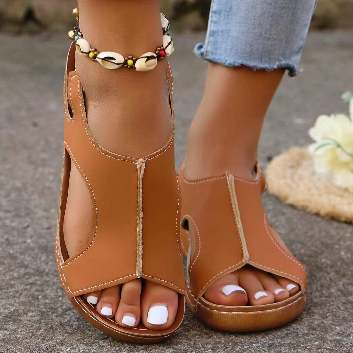 New Summer Wedges Sandals with Elastic Band Design Casual Fish Mouth Shoes for Women