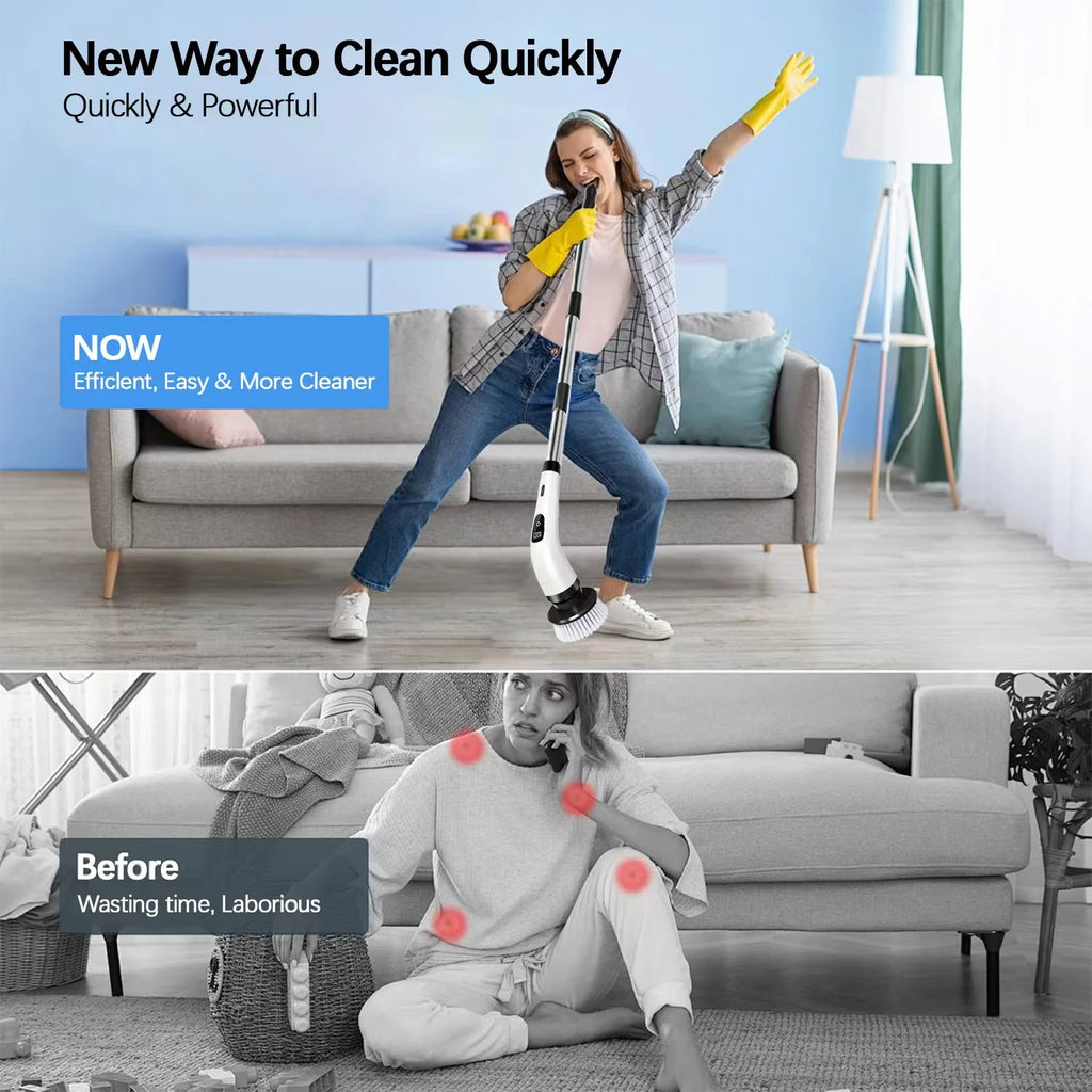 Electric Spin Scrubber - Cordless Cleaning Brush with 8 Heads & Long Handle Power Shower Scrubber for Bathroom Kitchen Tile Floor, White