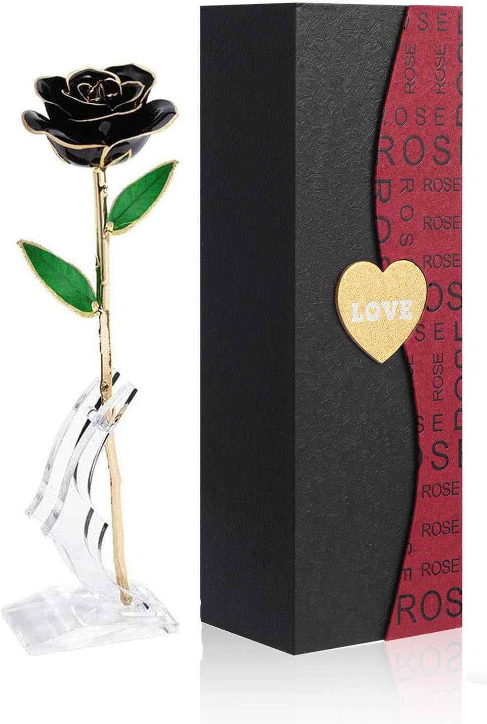 Gold Dipped Rose Black,Dipped in 24K Gold-Long Stem Rose Flowers Artificial for Decoration,Rose Flowers with Transparent Stand & Gift Box,Gift for Mom,Lover,Women,Thanksgiving Day