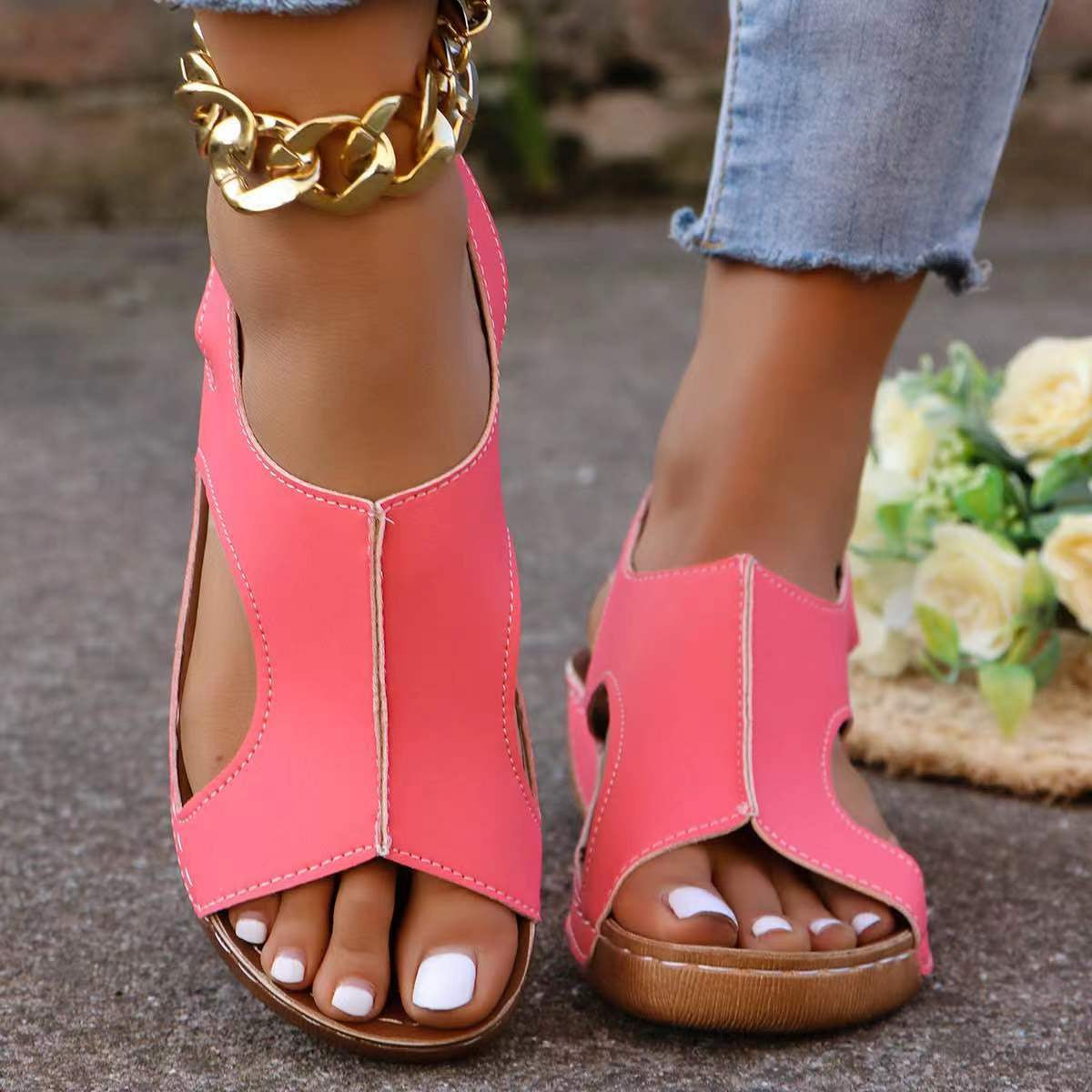 New Summer Wedges Sandals with Elastic Band Design Casual Fish Mouth Shoes for Women