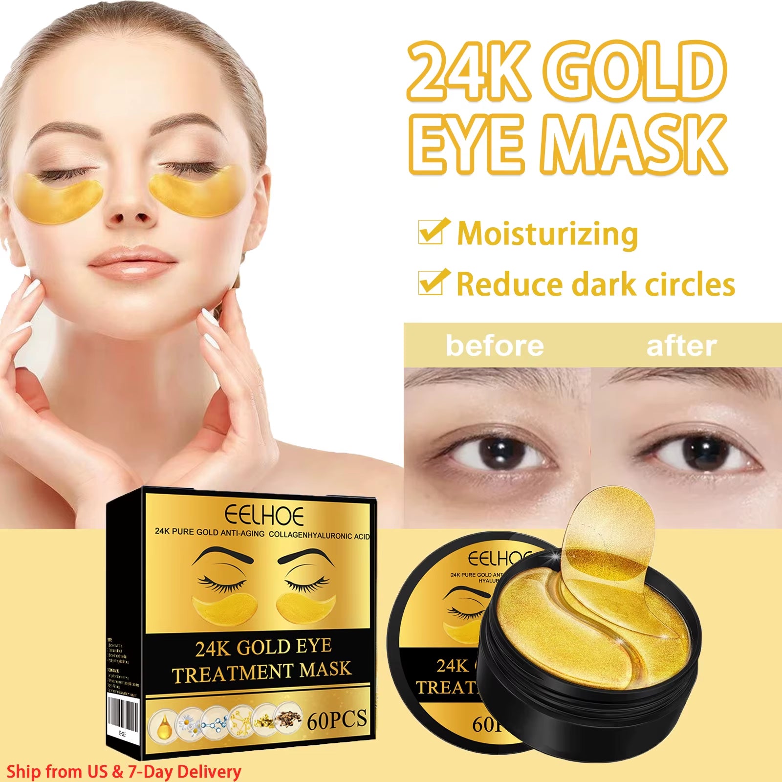 60PCS 24K Gold Eye Mask anti Dark Circles Removal Eyes Bags Moisturizing Firming Eye Patches Eyes Skin Care Products
