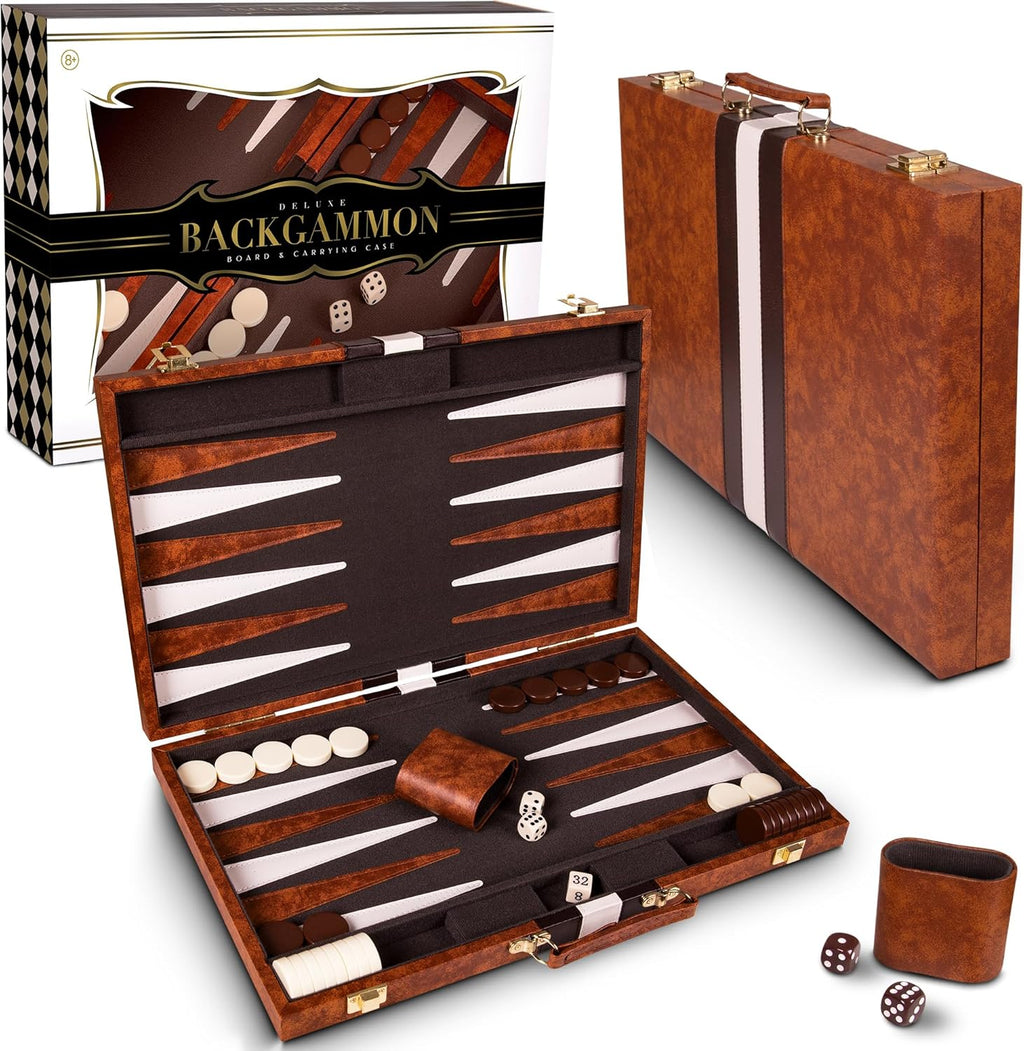 Premium Backgammon 15 Inches Medium Brown - Backgammon Sets for Adults and Kids - Leatherette Back Gammon Board Game Set - Travel Backgammon Set Board Encased with Accessories