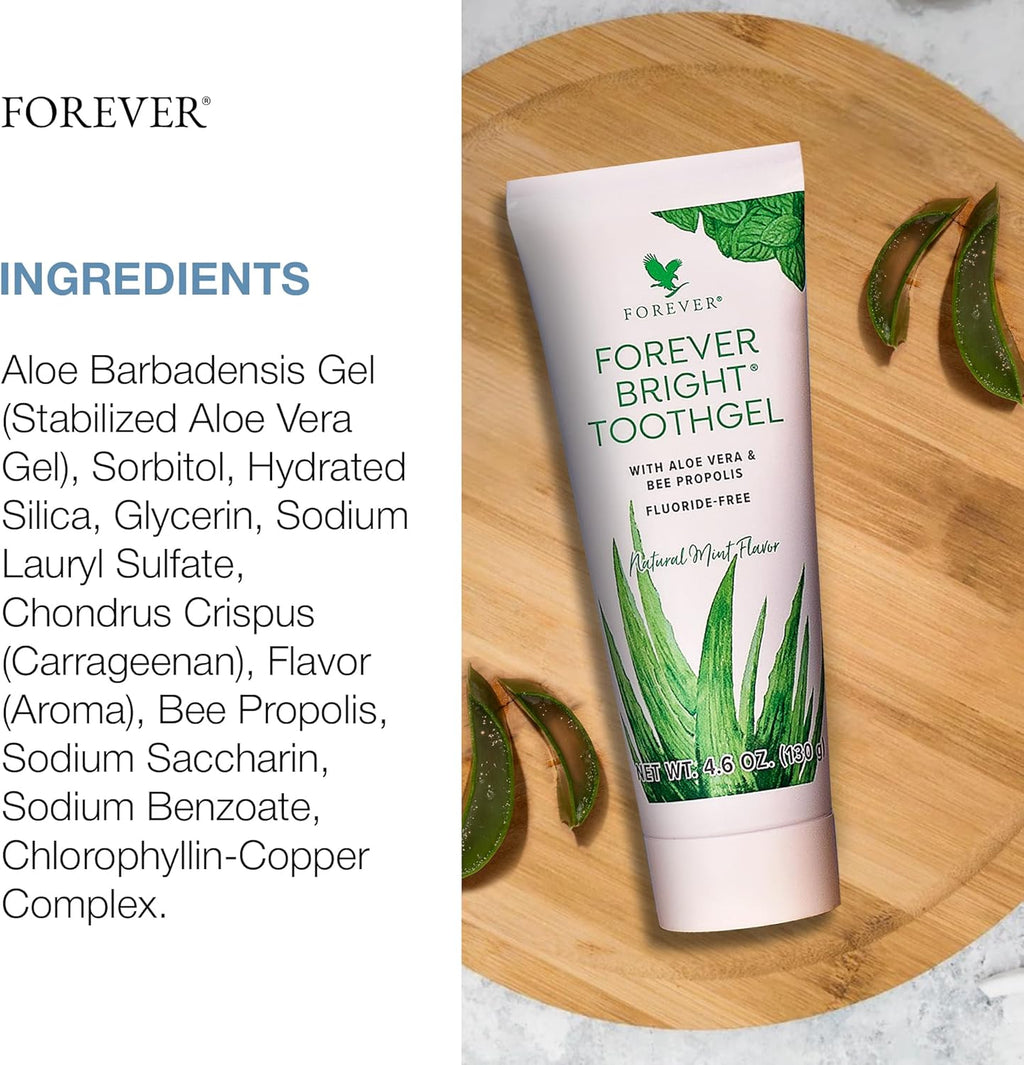 Forever Living - Bright Toothgel - Fluoride-Free Aloe Vera Gel with Bee Propolis, Peppermint-Spearmint Flavor, Dental Care, 4.6 Oz