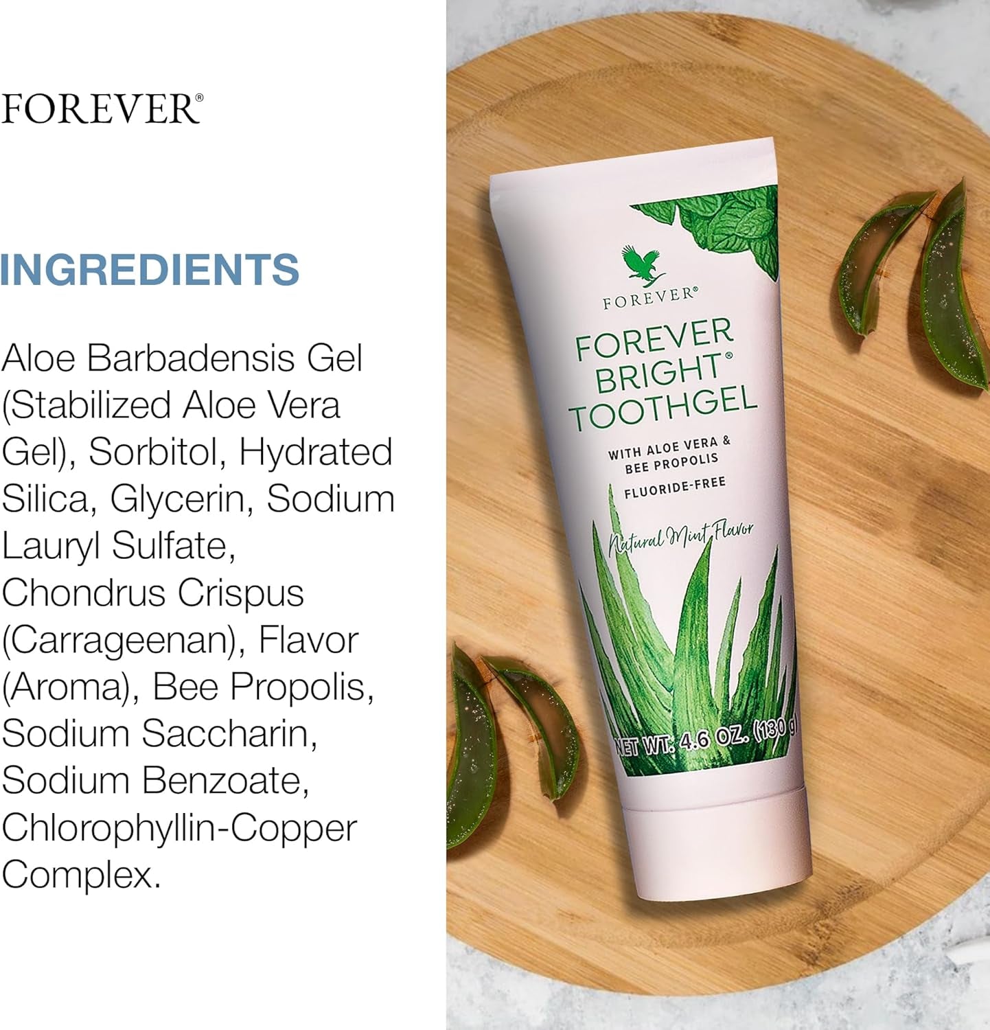 Forever Living - Bright Toothgel - Fluoride-Free Aloe Vera Gel with Bee Propolis, Peppermint-Spearmint Flavor, Dental Care, 4.6 Oz