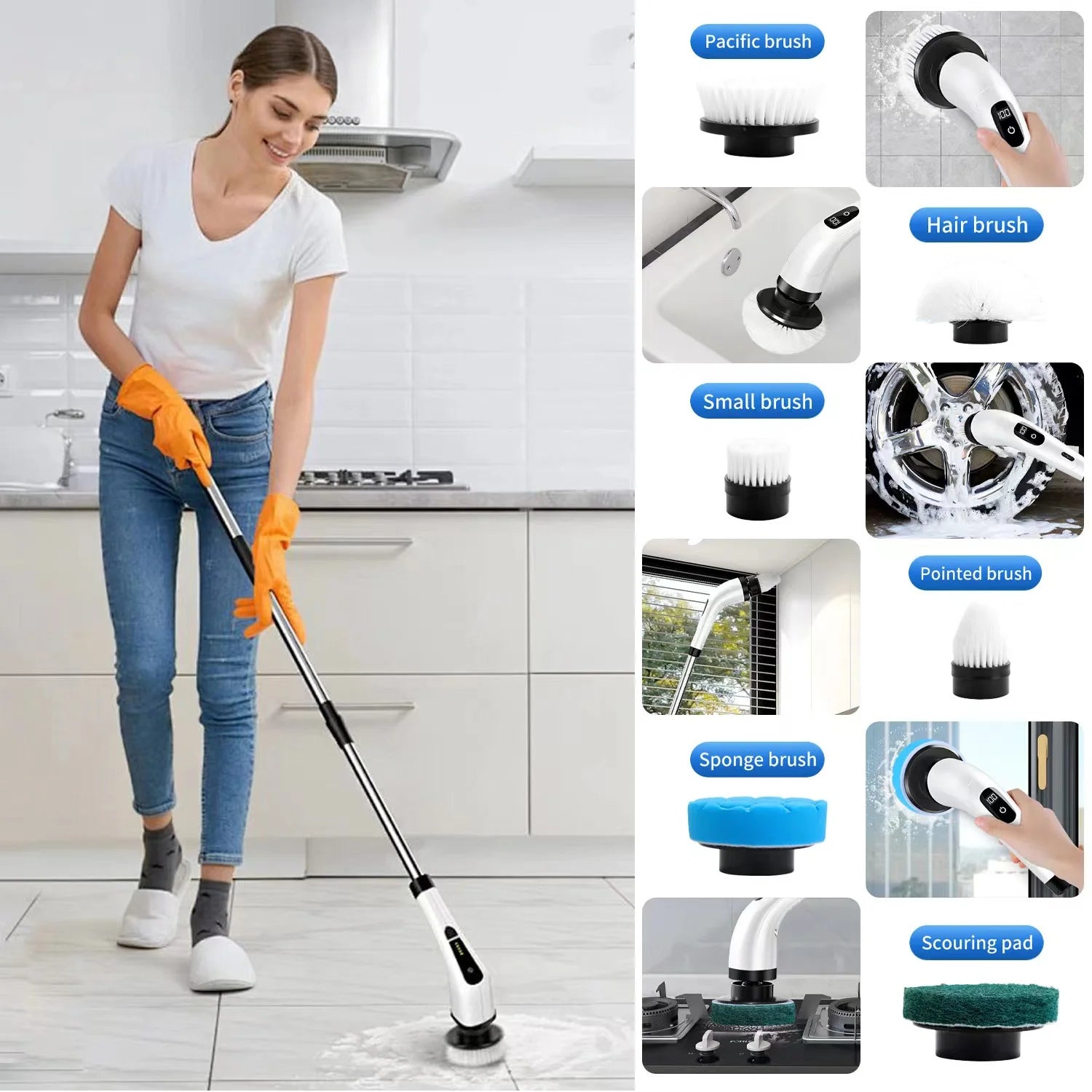 Electric Spin Scrubber - Cordless Cleaning Brush with 8 Heads & Long Handle Power Shower Scrubber for Bathroom Kitchen Tile Floor, White