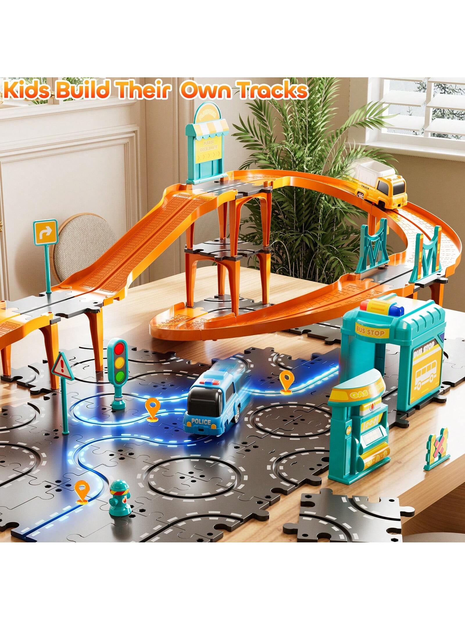 [Orange & Gray] 3-Tier Race Track Puzzle Kids Car Track Set for Kids 3+ with 2 Cars, Vehicle Toy Transportation Parts, Toddler Truck, Floor Puzzle Track Car Gift for Boys and Girls 3 4 5 6 7 8 Years Old