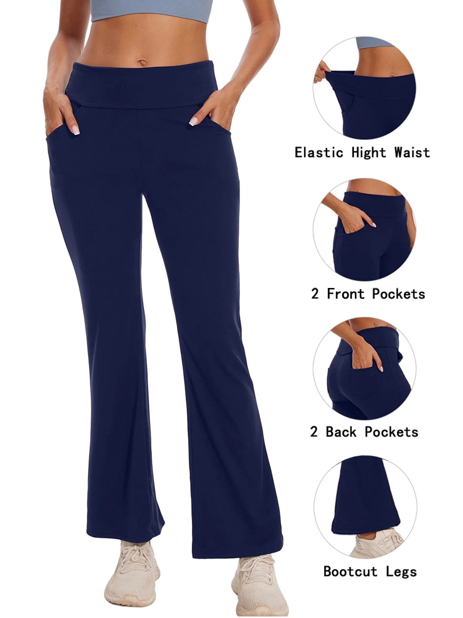 Womens Bootcut Yoga Pants with Pockets Flare Workout Legging High Waist Lightweight Bottoms Activewear Navy Blue 3XL