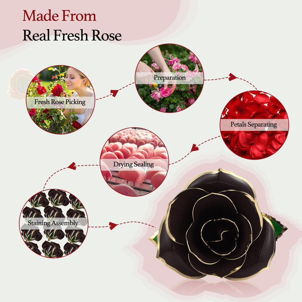 Gold Dipped Rose Black,Dipped in 24K Gold-Long Stem Rose Flowers Artificial for Decoration,Rose Flowers with Transparent Stand & Gift Box,Gift for Mom,Lover,Women,Thanksgiving Day