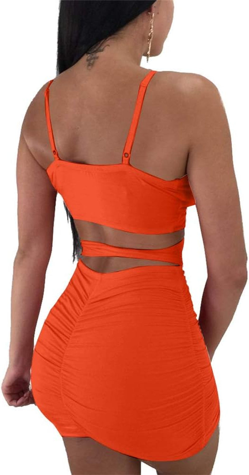 Women'S Sexy Bodycon Spaghetti Strap Ruched Lace up Mini Club Dress